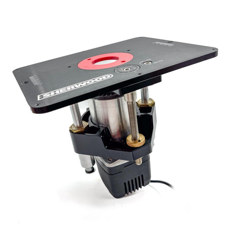 Sherwood Router Lift, Aluminium Mounting Plate & SRM-1000 Round Body Router Motor Set in use on a router table