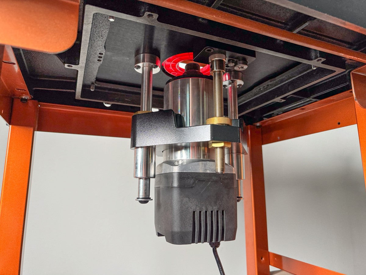 Sherwood Router Lift and SRM-1000 Round Body Router Motor installed on mounting plate