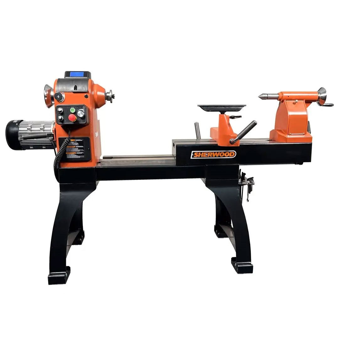 Sherwood Maxi EVS Wood Lathe 400mm Swing 2200W 3HP Three Phase, showing motorised bed extension
