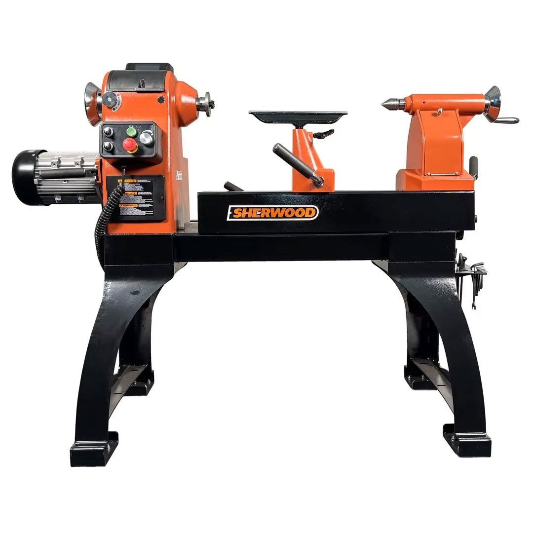 Sherwood Maxi EVS Wood Lathe 400mm Swing 3HP Three Phase with Motorised Bed, side view showing motorized bed extension