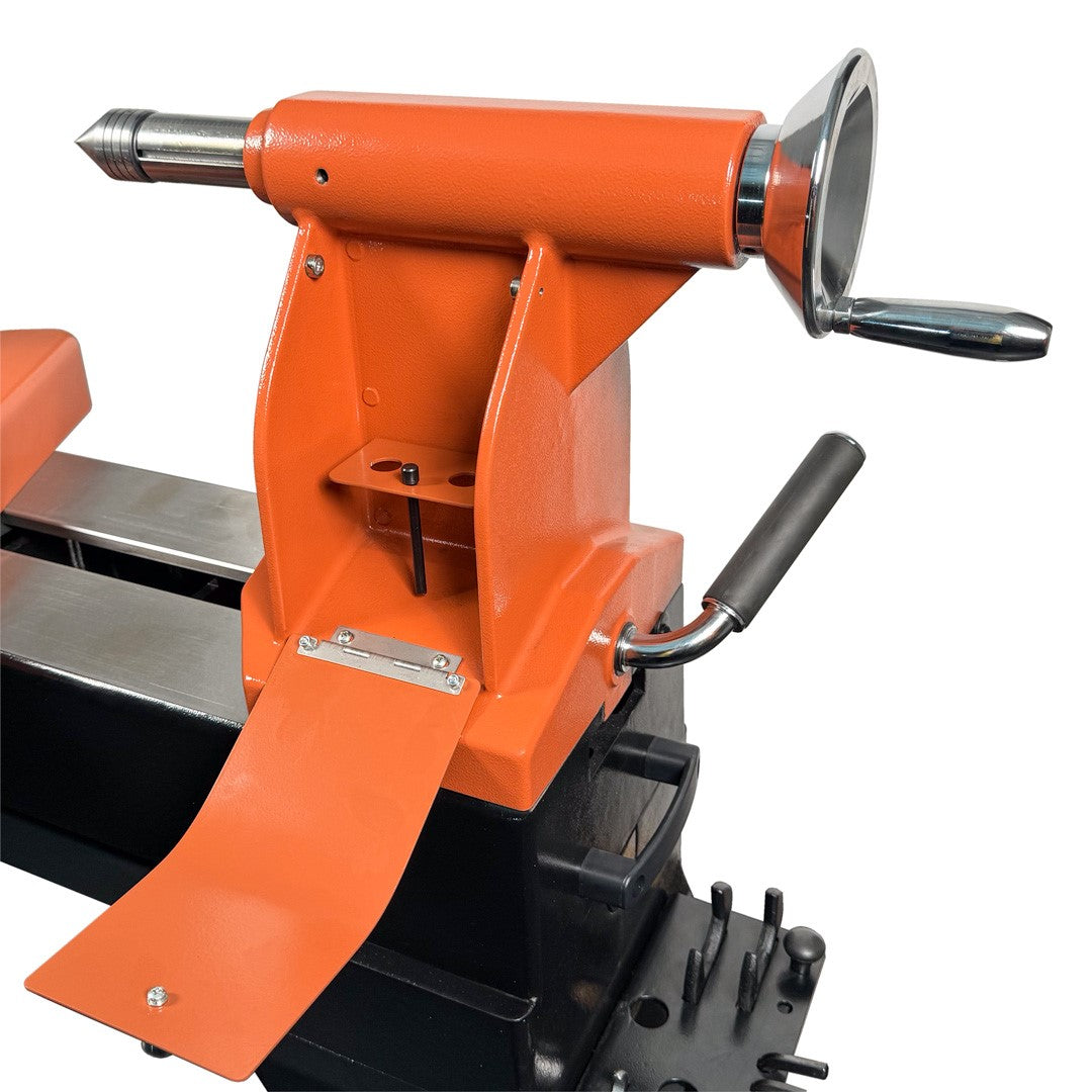 Sherwood Maxi EVS Wood Lathe 400mm Swing 2200W 3HP Three Phase with Motorised Bed, showing extended spindle capacity