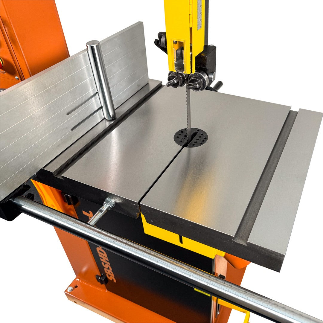 Sherwood 14in Heavy-Duty Bandsaw in action, showcasing precise cutting power for woodworking