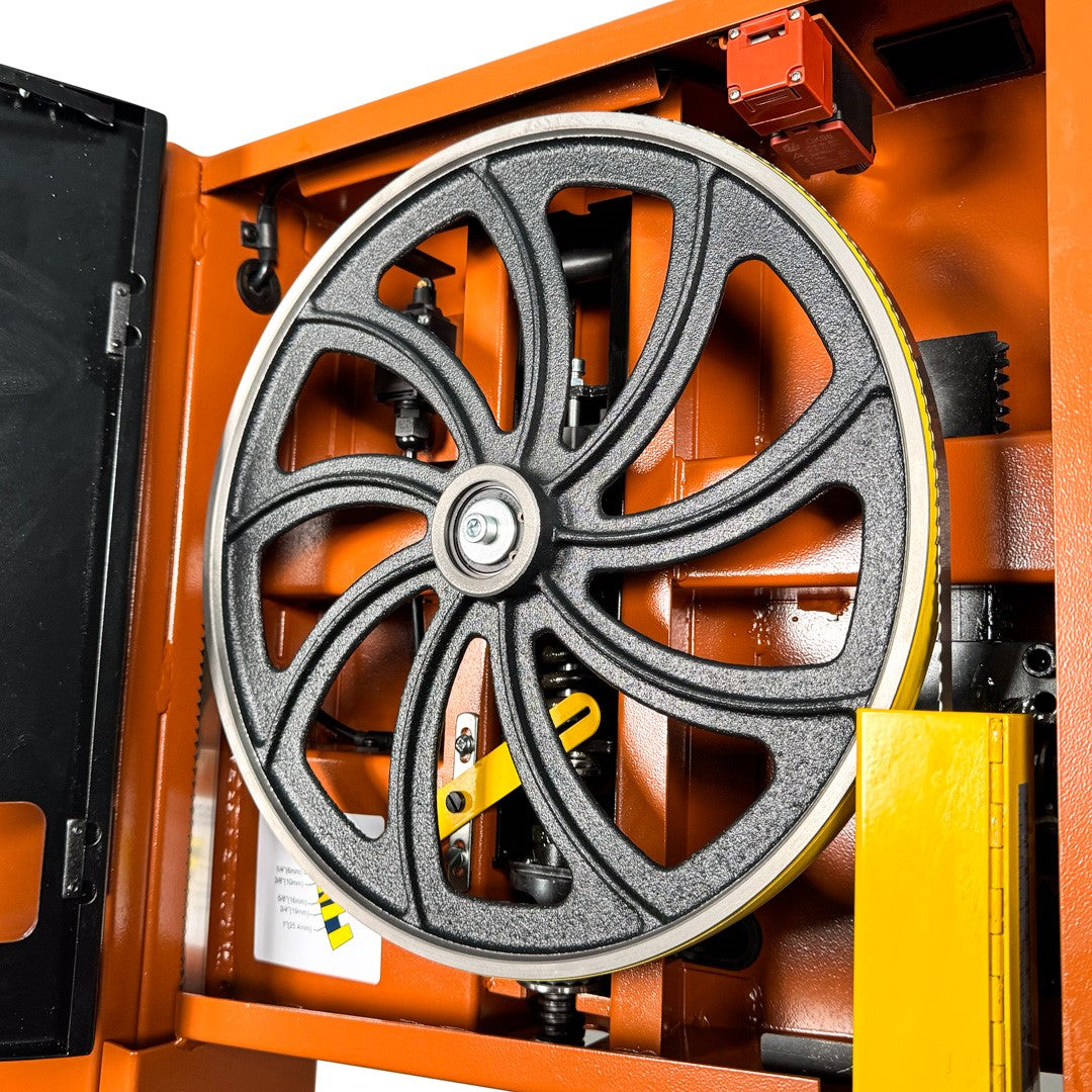 Sherwood 14in Heavy-Duty Bandsaw in action, cutting through wood effortlessly