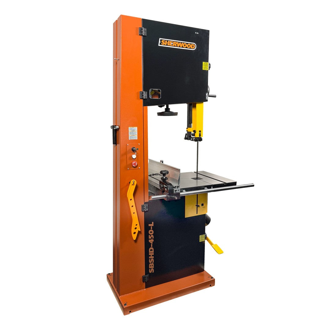 Sherwood 18in Heavy-Duty Bandsaw in action, cutting through wood with precision and power