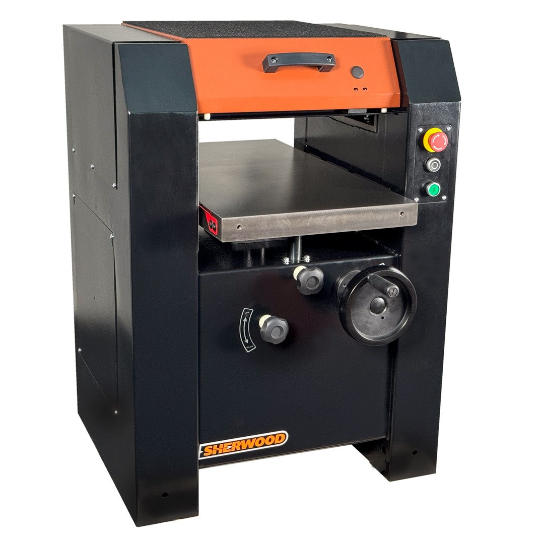 Sherwood 16in Euro Style Thicknesser showcasing helical cutterhead in action