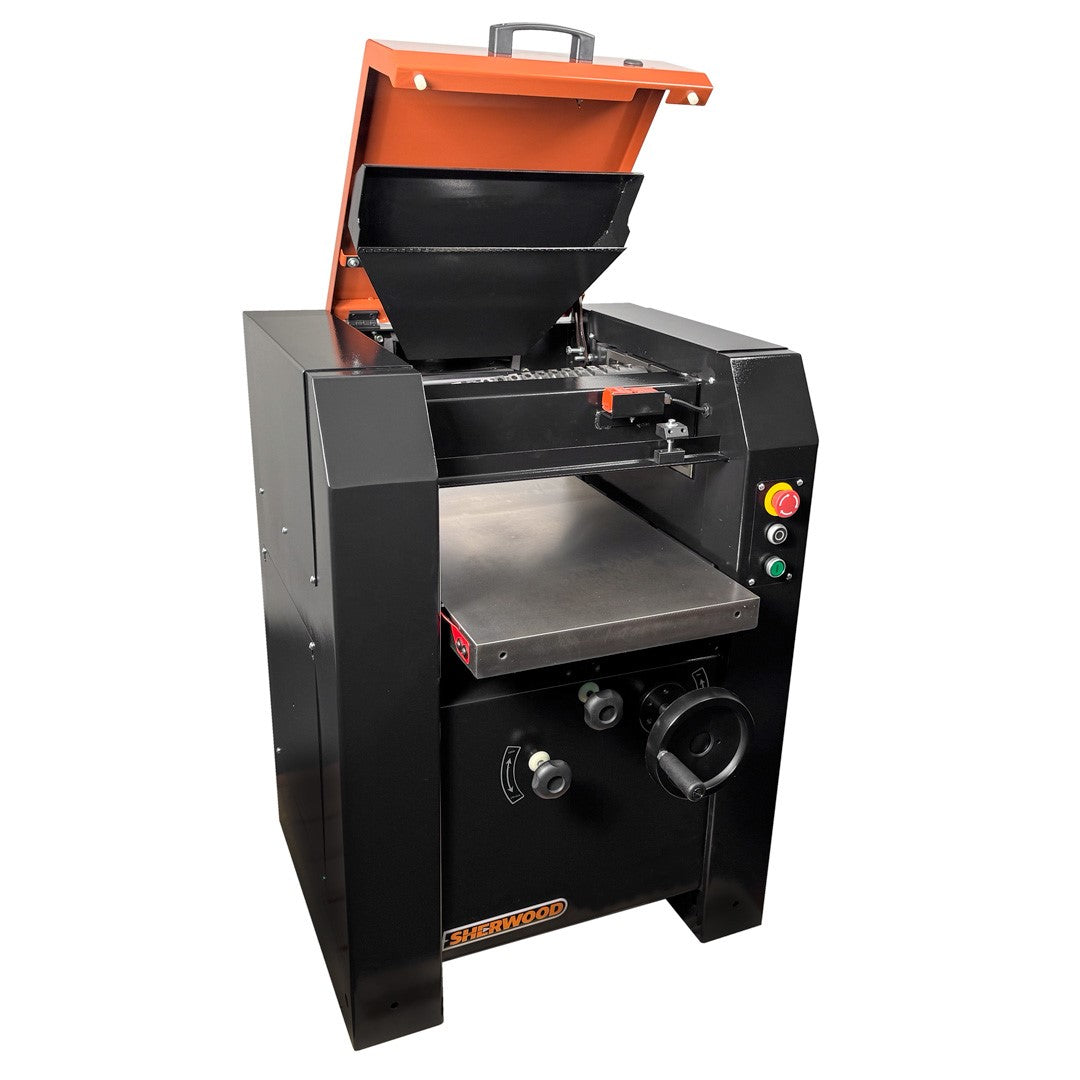 Sherwood 16in Euro Style Thicknesser with Helical Cutterhead in action, planing timber with precision