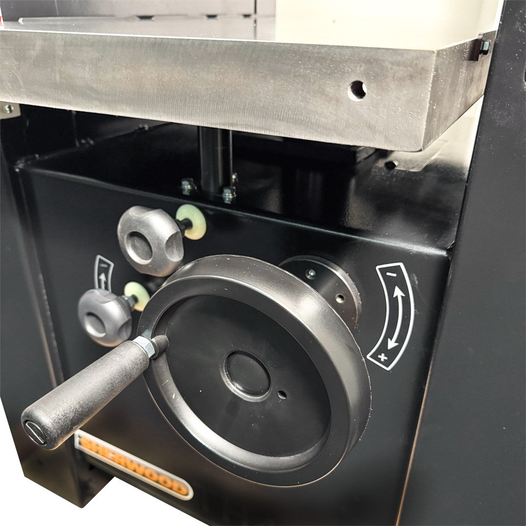 Sherwood 16in Euro Style Thicknesser with Helical Cutterhead in action on timber