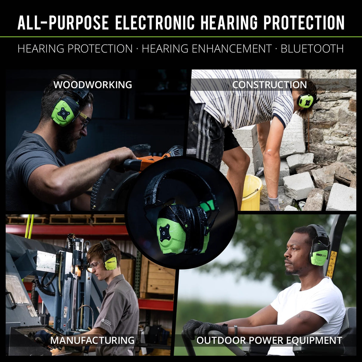 ISOtunes LINK Aware Bluetooth Earmuffs in Green/Black - Over-ear design for woodworking enthusiasts with AWARE technology