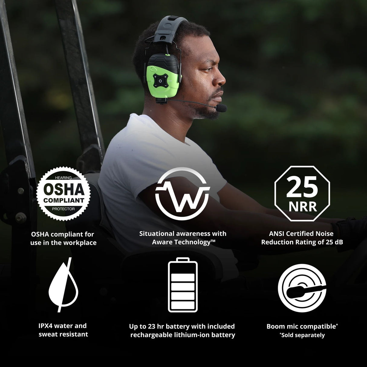 ISOtunes LINK AWARE Bluetooth Earmuffs in Green/Black provide noise cancellation and AWARE technology for environmental awareness