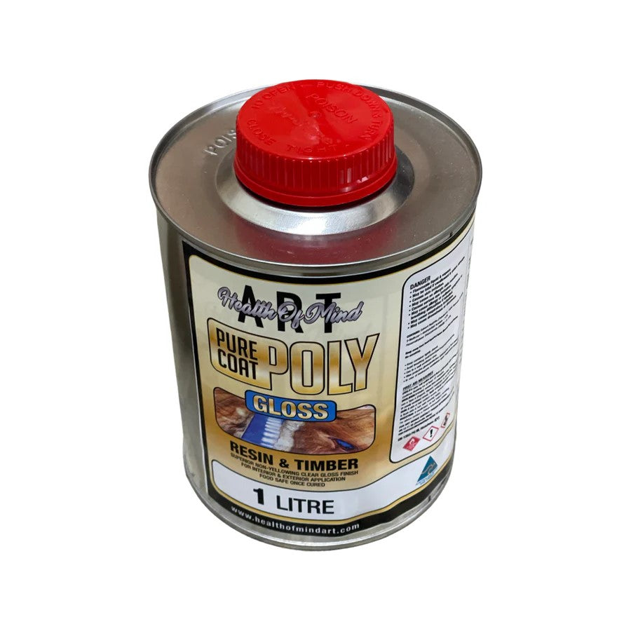 Australian woodworking tools store: Health of Mind Art Pure Coat Polyurethane Clear Coating Resin - angle showing glossy finish on timber surface