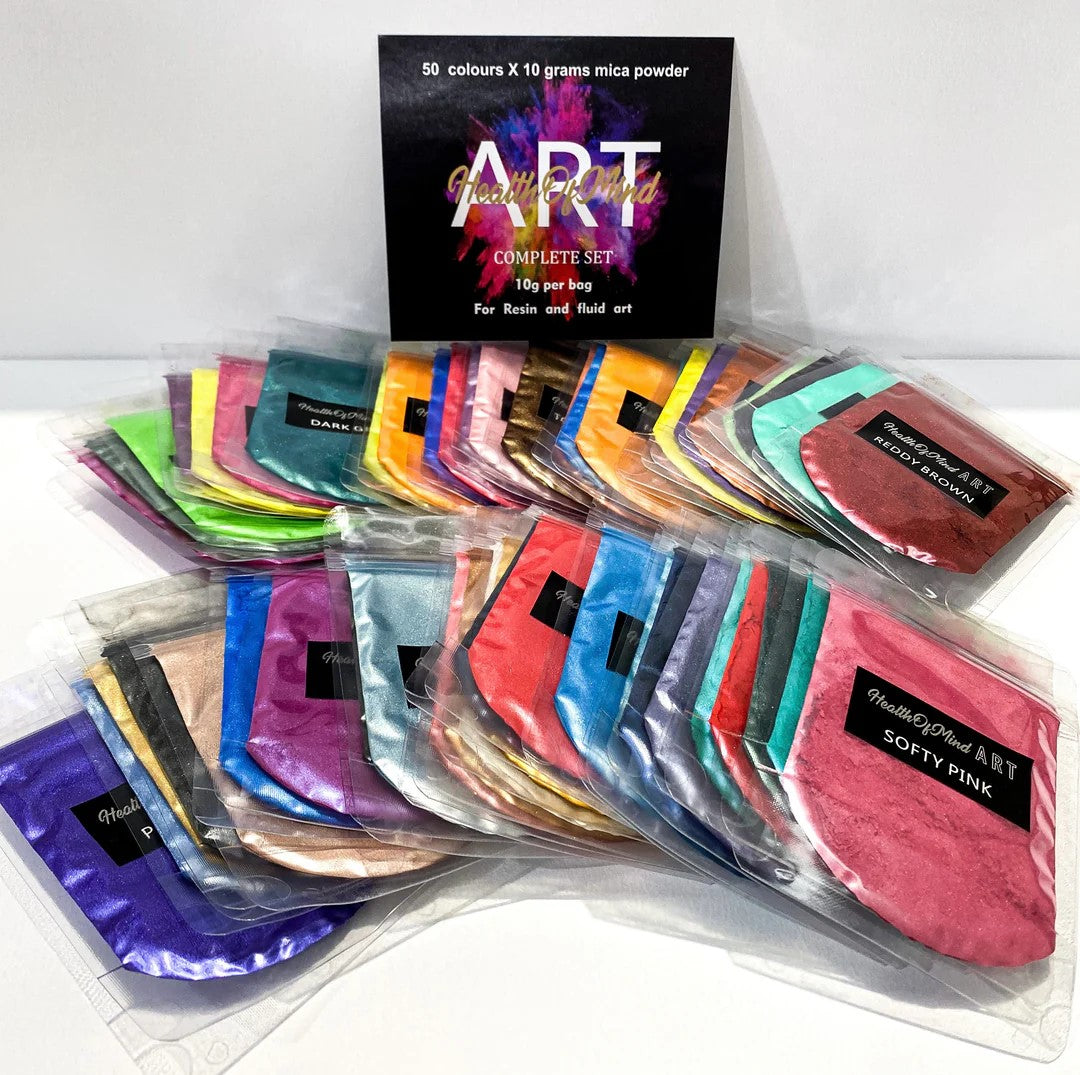 Pearlescent pigment mica powders in assorted colours pack from Health of Mind Art - 50 x 10g bags