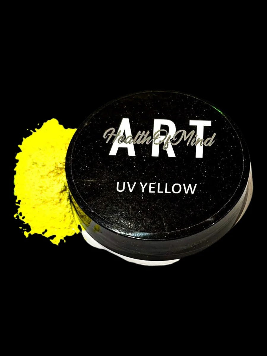 Bright UV yellow neon pigment powder in 50g jar by Health of Mind Art for epoxy resin applications