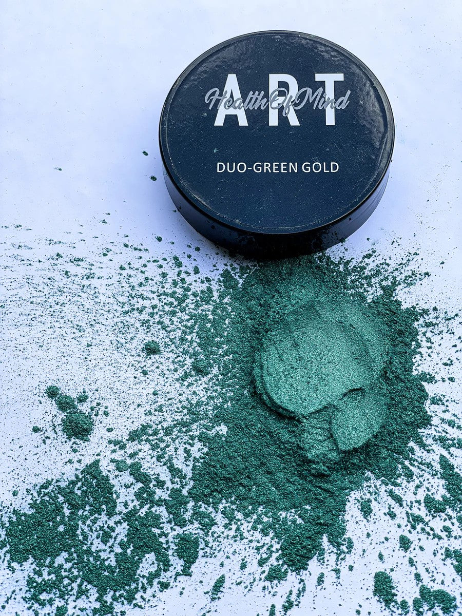 Vibrant green and gold duo colour pigment mica powder for epoxy resin in 50g jar