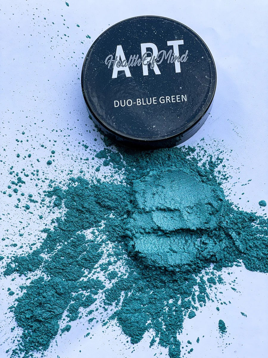Health of Mind Art Blue/Green 50g Duo Colour Pigment Mica Powder for Epoxy Resin in jar on white background