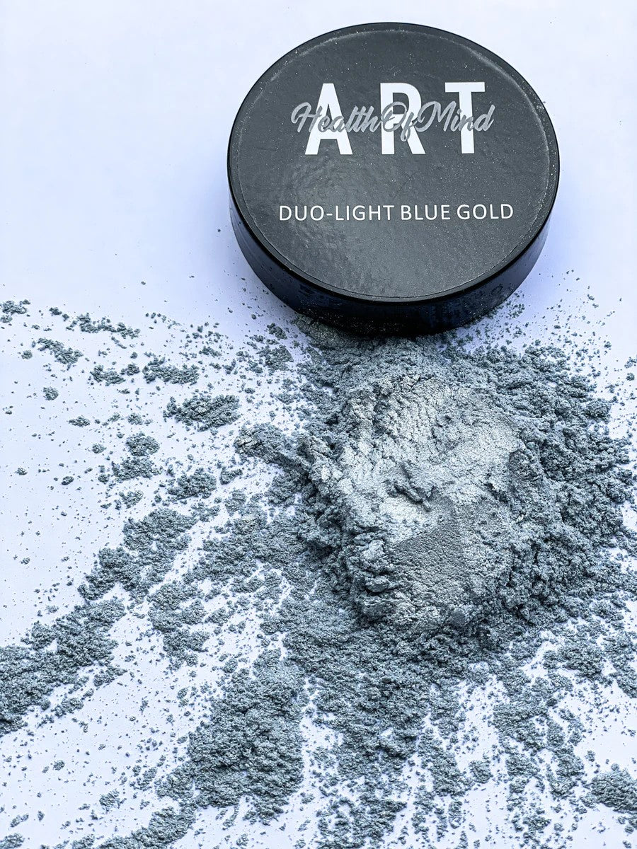 Health of Mind Art Light Blue/Gold 50g Duo Colour Pigment Mica Powder for Epoxy Resin in jar on white background