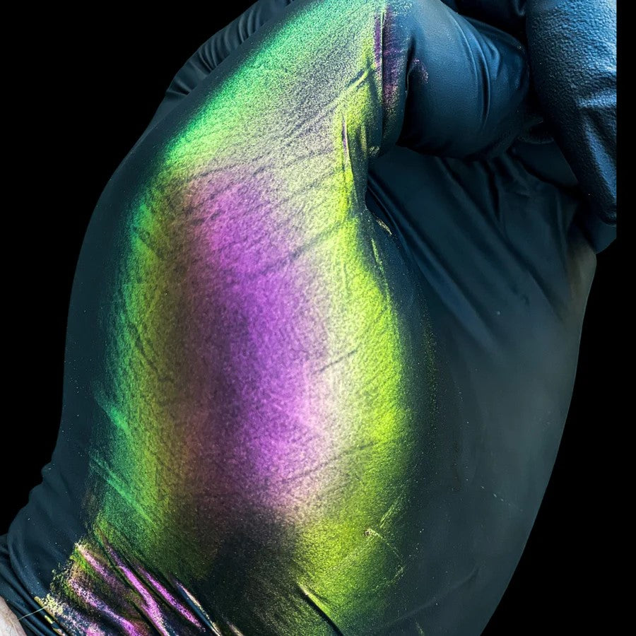 Purple, silver, and grass green chameleon mica pigment for epoxy resin on timber edge