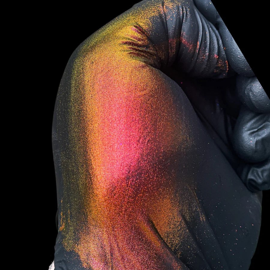 Super Chameleon Mica Pigment showcasing orange, red, gold, and green colour shift for epoxy resin woodworking
