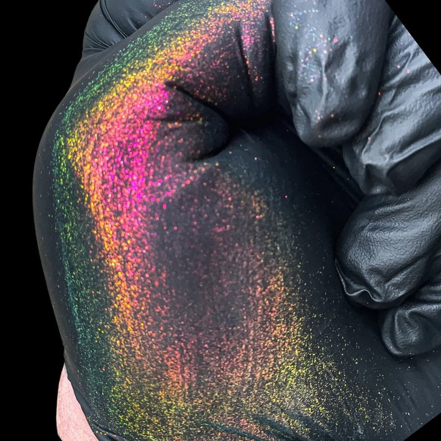 Health of Mind Art Green/Pink/Gold Chameleon Mica Pigment in Epoxy Resin application on timber edge