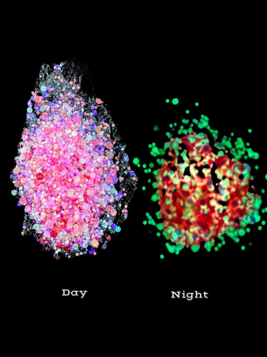 Chunky pink glitter pigment for epoxy resin, shimmering and holographic with luminescent glow effect