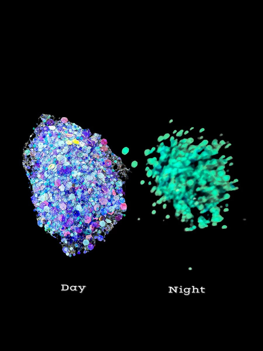 Chunky indigo violet luminescent glitter pigment for epoxy resin from Health of Mind Art. Sparkling and holographic texture