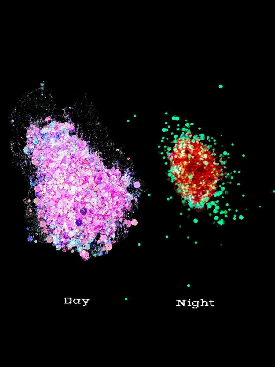 Luminescent hot pink glitter pigment for epoxy resin in chunky particles