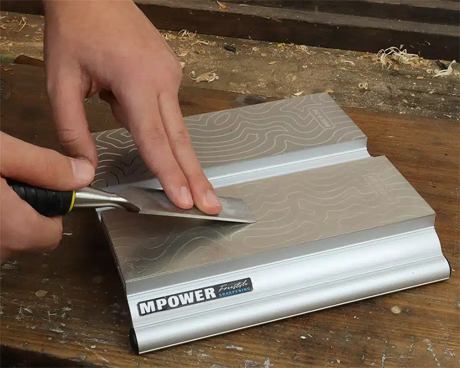 MPOWER SB2 Diamond Sharpening Stone Set in action on wood chisel