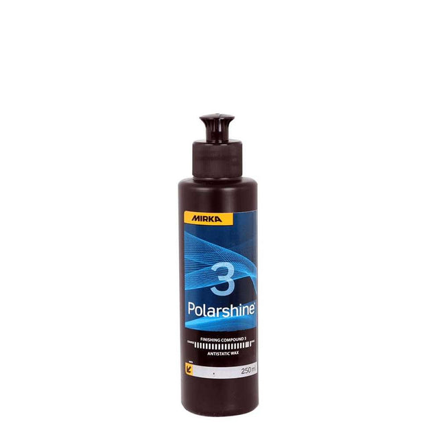 Mirka Polarshine Liquid Nano Wax - 250ml bottle on wooden workbench