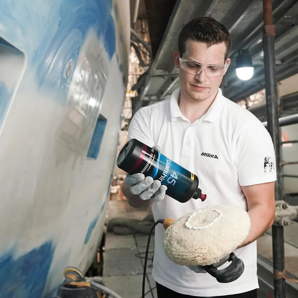 Mirka Polarshine 45 Buffing Compound 250mL application on wood surface