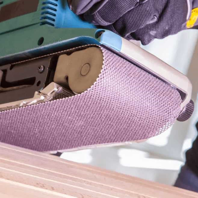 Mirka Abranet Max Sanding Belt in action - high-quality sanding gear for woodworking professionals and enthusiasts