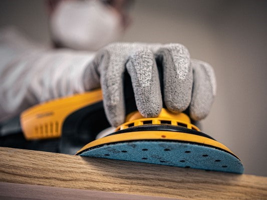Mirka Galaxy Sanding Discs 150mm Pack of 100 in use on wood surface