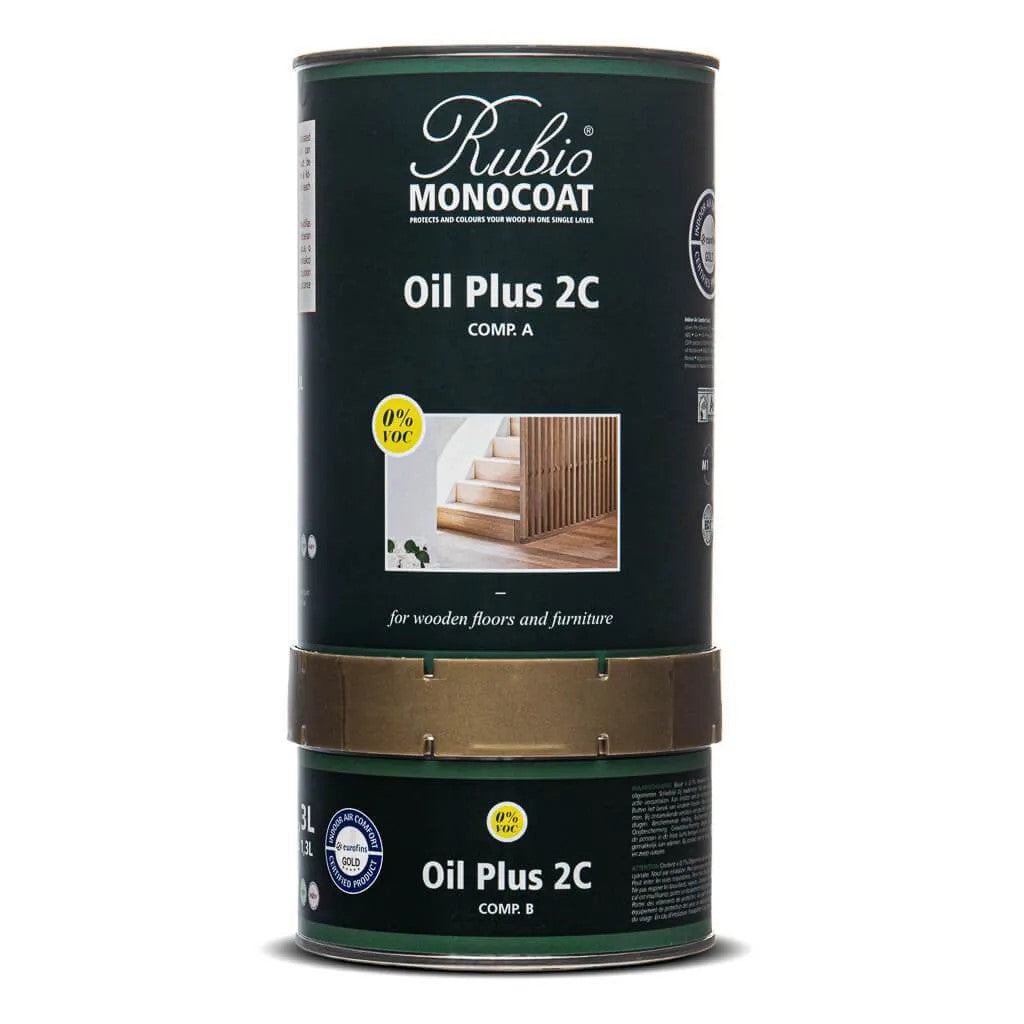 Rubio Monocoat Oil Plus 2C Black stain kit on White Oak surface, VOC-free wood protector