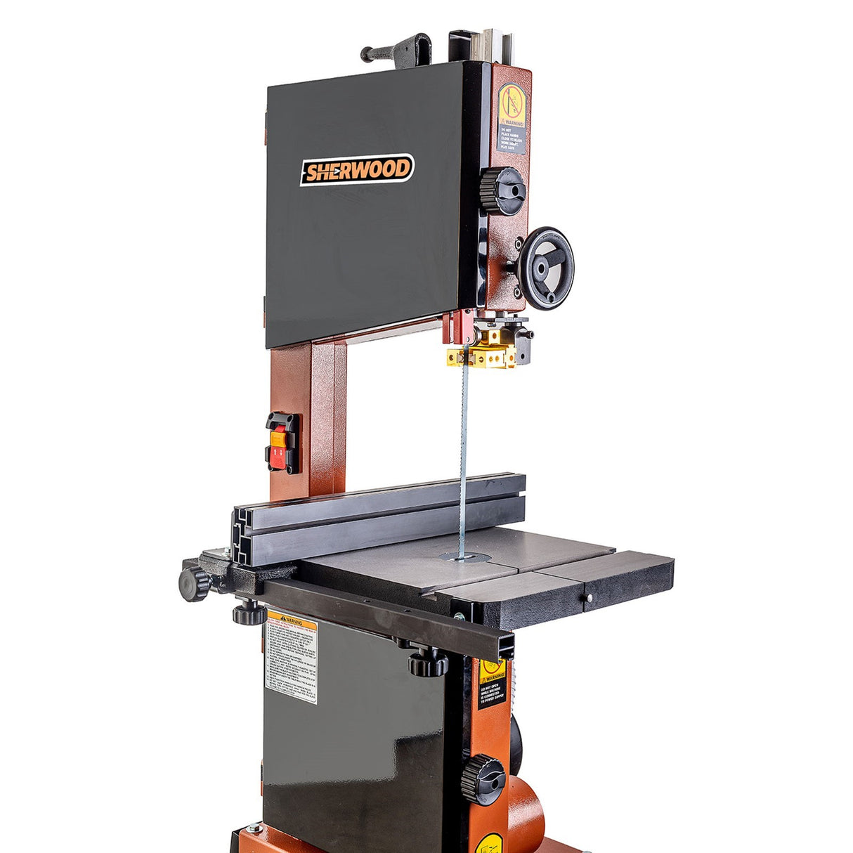 Sherwood 10in 750W Heavy Duty Bandsaw with Sanding System in use on a wood piece