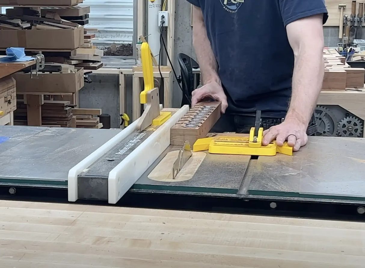 Magswitch SavR Featherboard attached to table saw's mitre slot