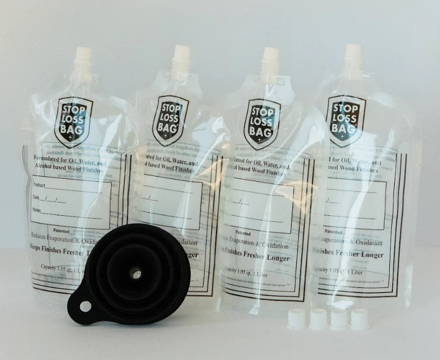 StopLossBag Pouch Airtight Wood Finish Preserver Set of 4 Pouches with Funnel, Caps and Clip in Australian woodworking tools store