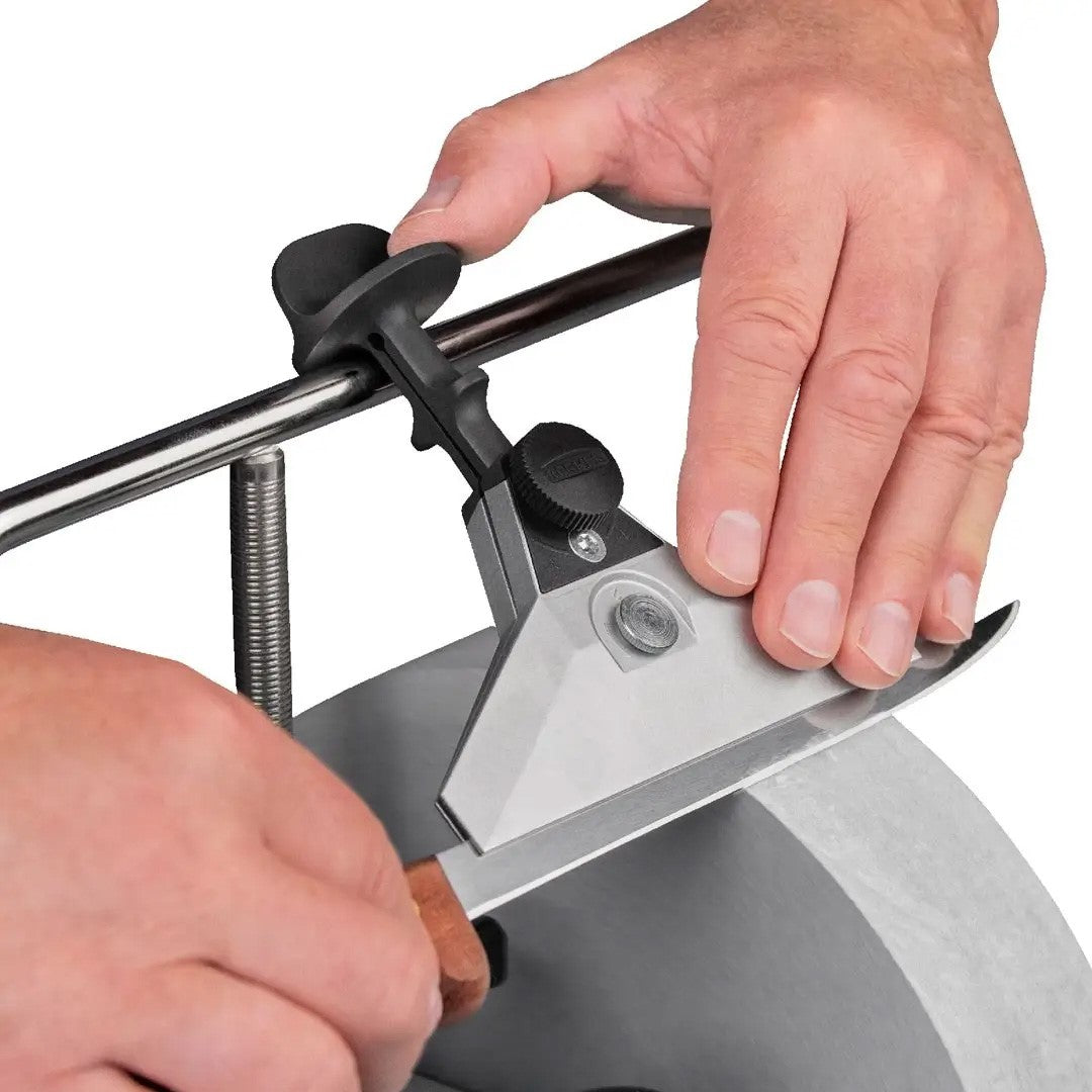 Tormek Knife Sharpening Set on Workbench with Wetstone Grinder