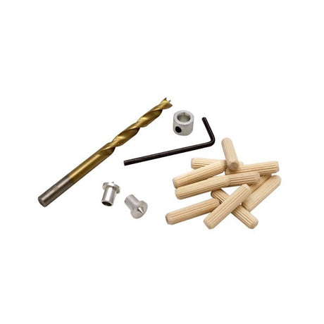 Milescraft Wood Dowel Jointing Set 8mm featuring Brad Point Drill Bit & Stop, with fluted wood dowel pins and chamfered ends