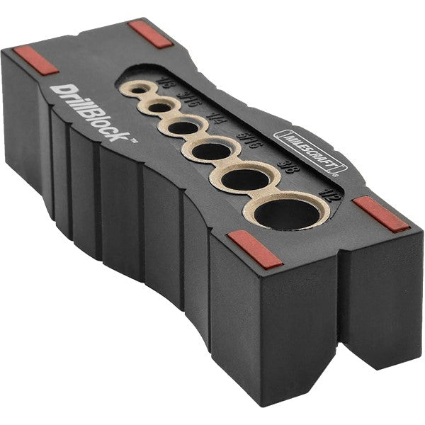 Milescraft DrillBlock Imperial Drill Guide in use with a drill, showing precision drilling angle