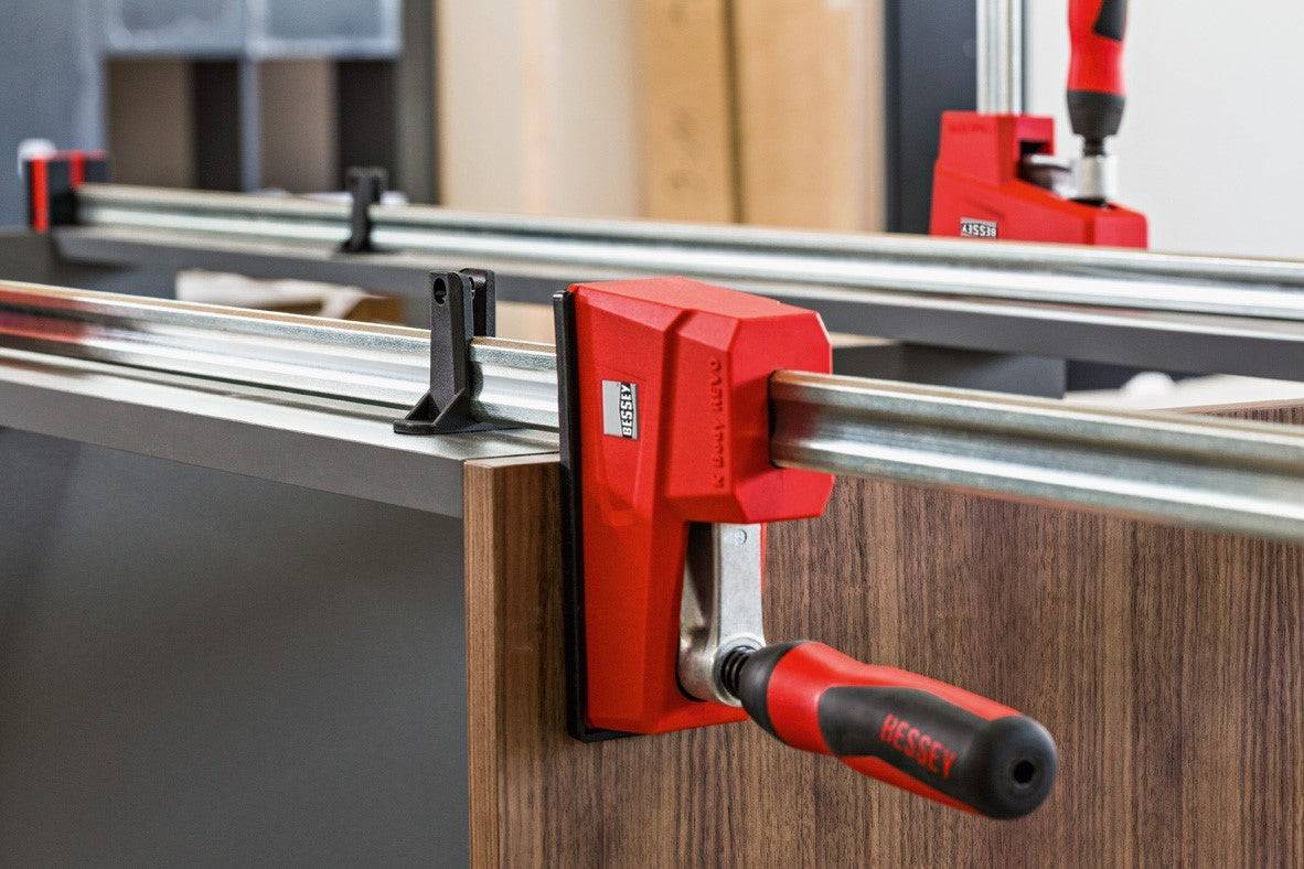 Bessey K-Body Revo Parallel Clamps 1250mm: Close-up of large, parallel jaw face in action