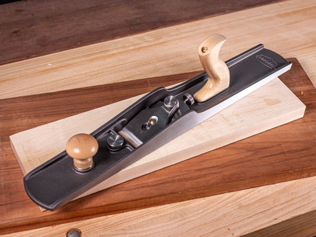 Melbourne Tool Company Low Angle Jointing Plane with Extra Blades in use on wood slab