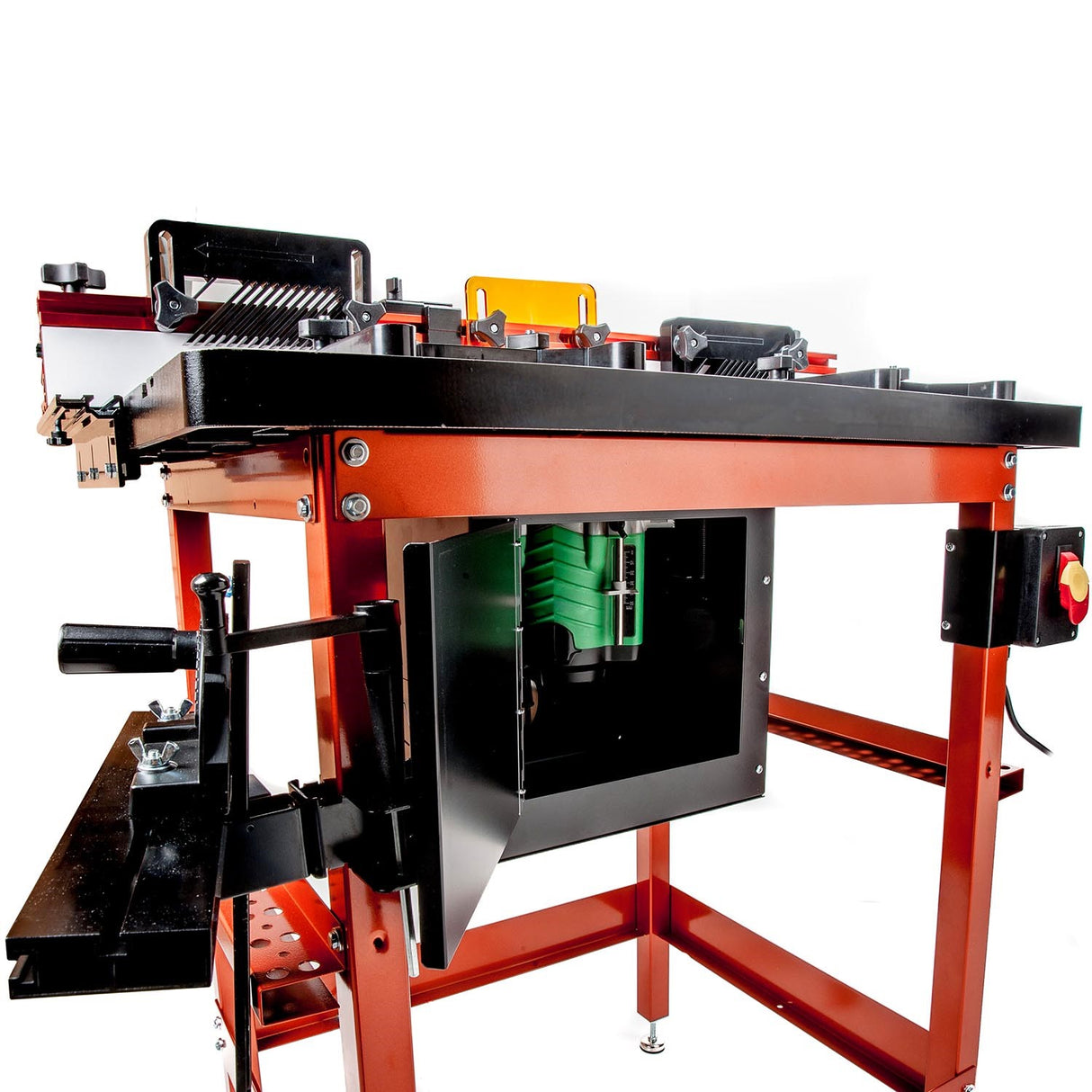 Sherwood Industrial Router Table Cast-Iron with Round Body Motor, side view showing heavy-duty stand and precision top
