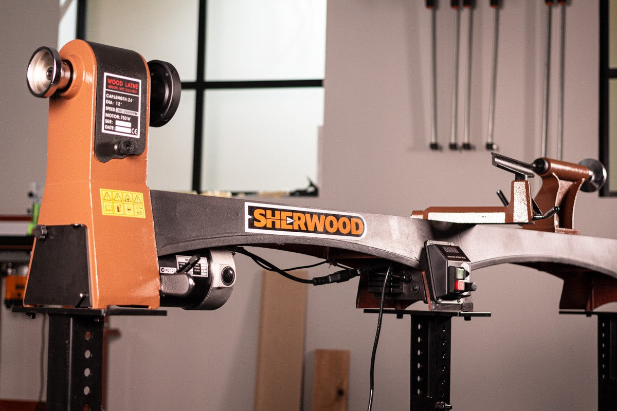 Sherwood Minimax Wood Lathe 305mm Swing with Bed Extension and Stand in workshop setting