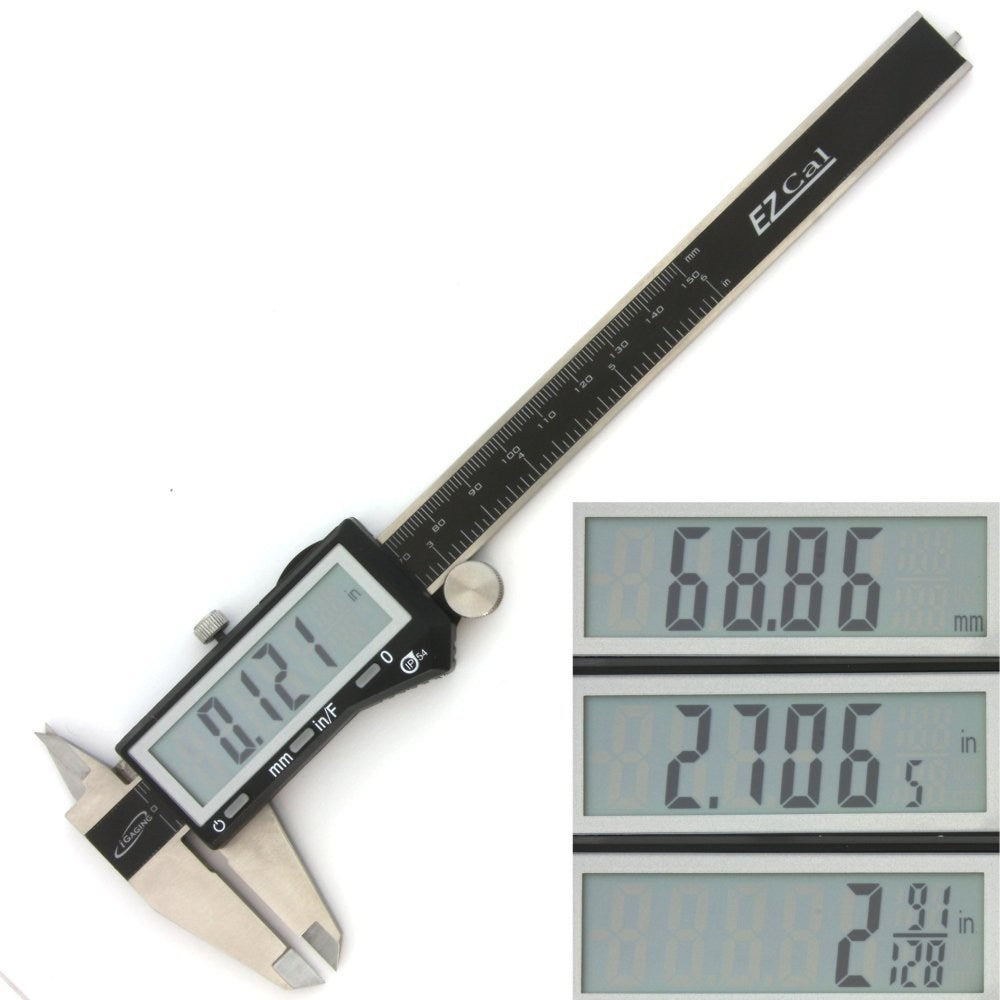 iGaging EZCal Digital Vernier Calipers 150mm with Depth Base Attachment - High precision measurement tool on wooden workbench