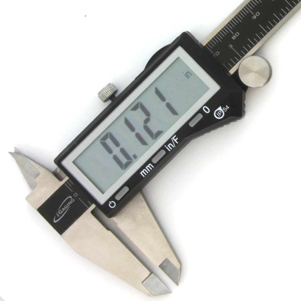 iGaging EZCal Digital Vernier Calipers 150mm with Depth Base Attachment, showing detailed metric and imperial scales