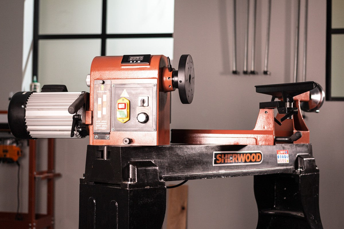 Sherwood Maxi EVS Wood Lathe 400mm Swing 1500W 2HP with Bed Extension in workshop setting