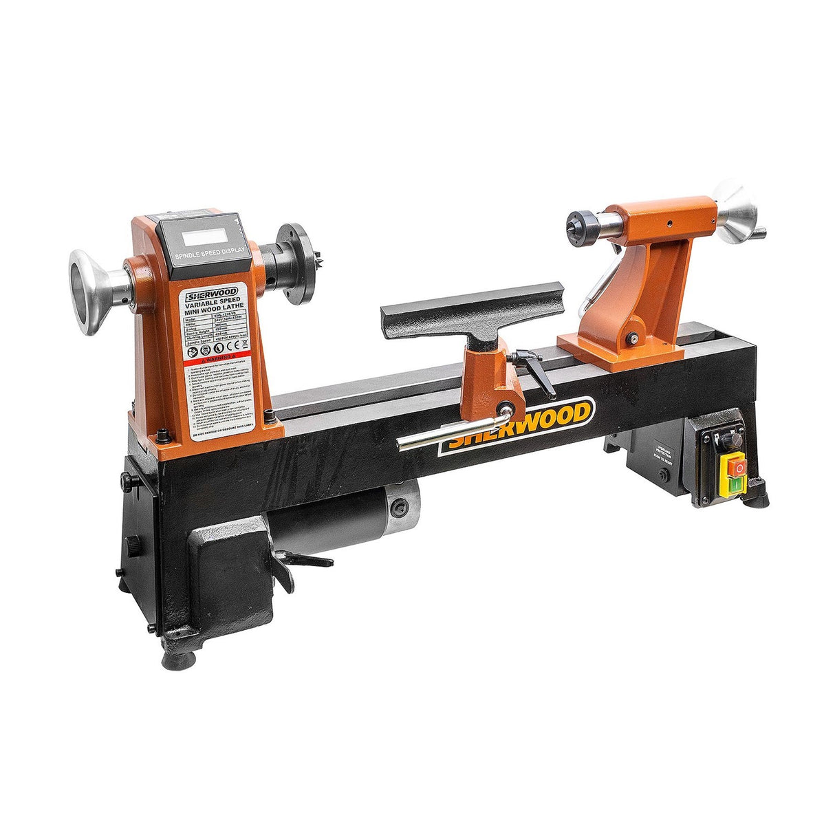 Sherwood Mini Wood Lathe with Bed Extension showcasing its compact design and powerful 550W motor