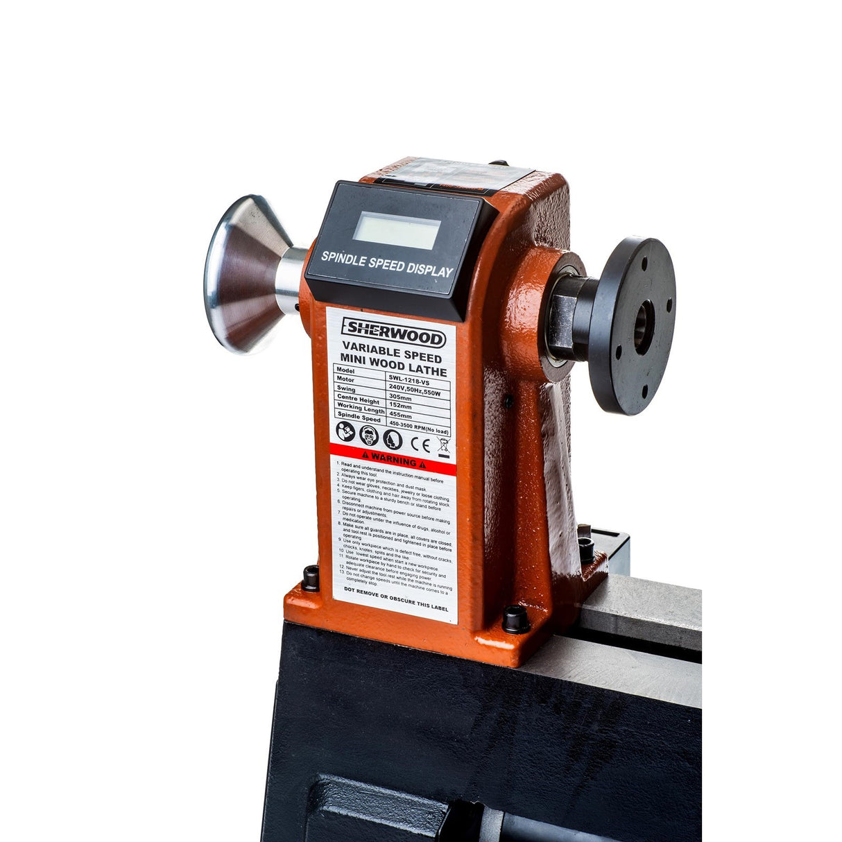 Sherwood Mini Wood Lathe with Bed Extension, showcasing its compact design and variable speed control feature