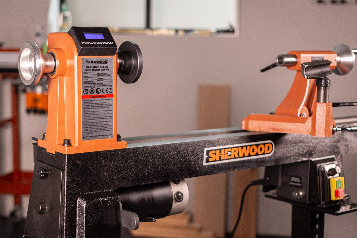 Sherwood Mini Wood Lathe with Bed Extension in workshop setting