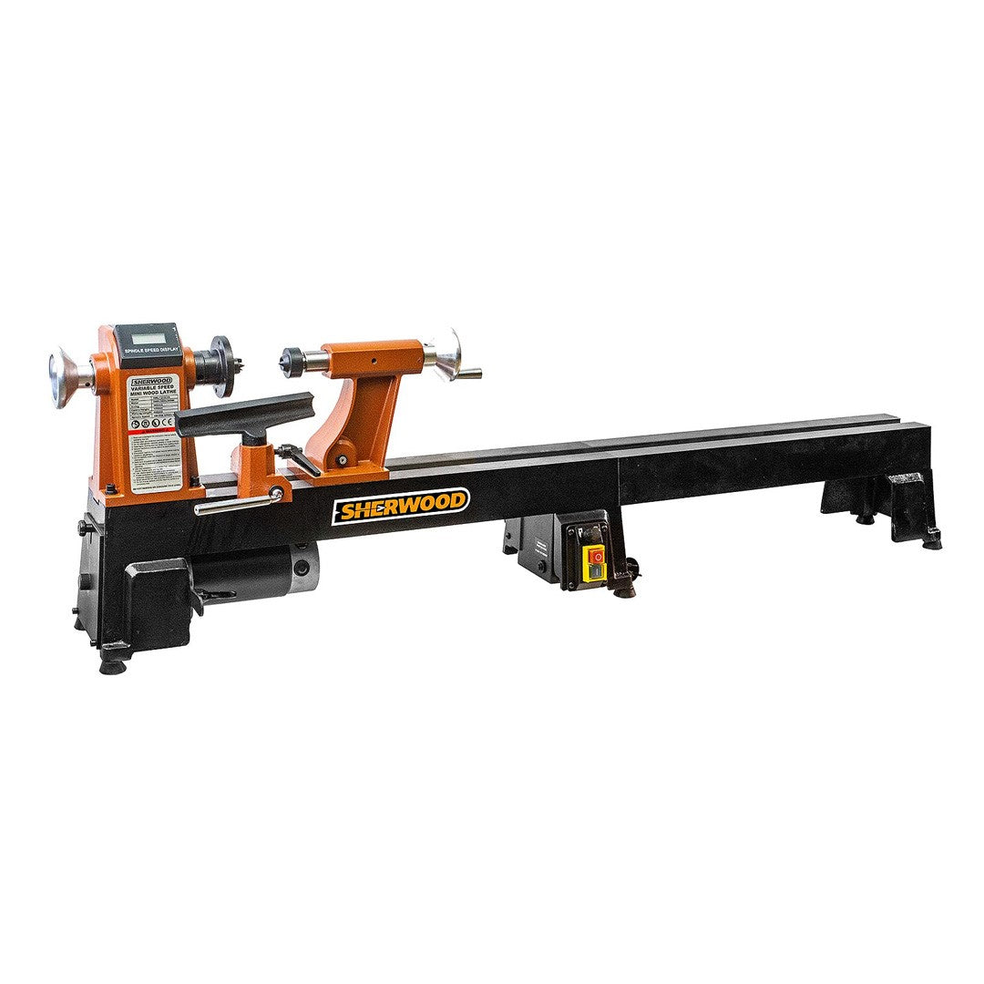 Sherwood Mini Wood Lathe with Bed Extension showcasing compact design and precision craftsmanship