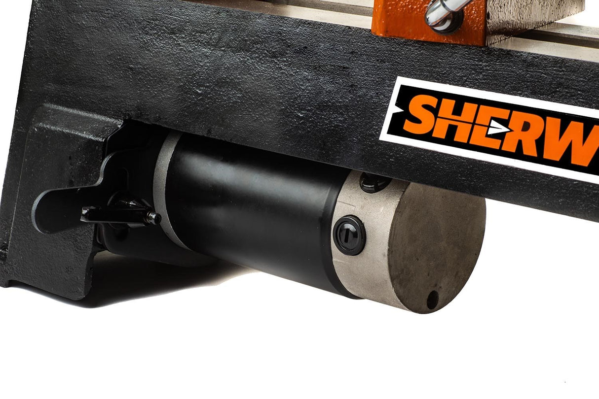 Sherwood Mini Wood Lathe with Bed Extension & Stand in action, showcasing its compact design and precise woodturning capabilities