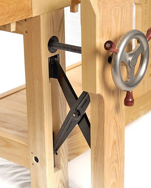 Benchcrafted Machined Iron Hardware Set for Roubo Split Top Bench, angled close-up view of iron components